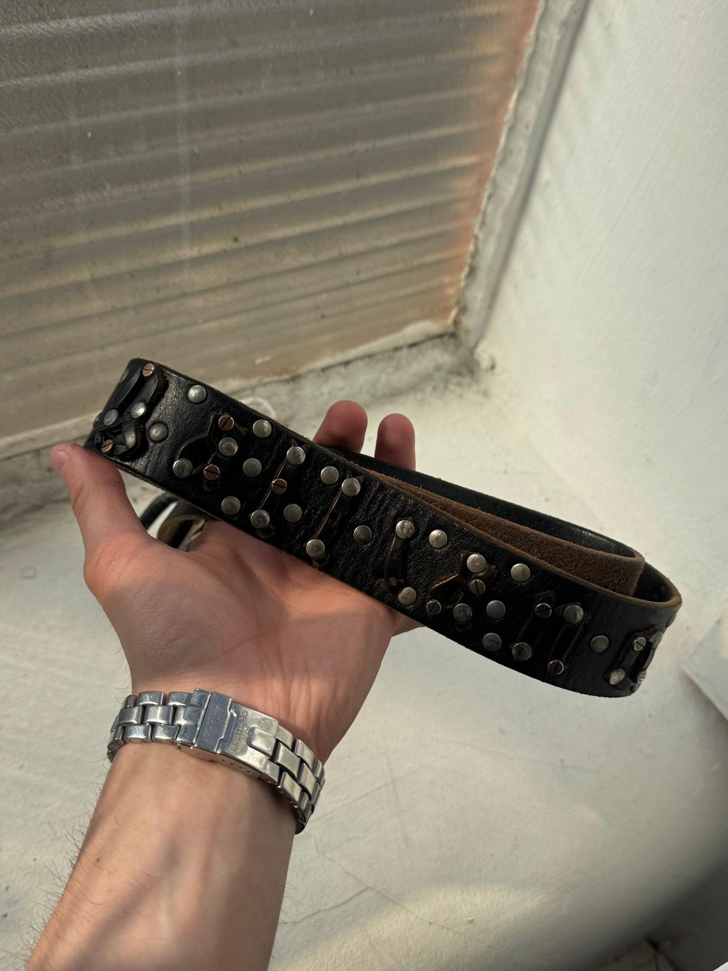 '00s John Galliano Spellout Leather Studded Belt (34)