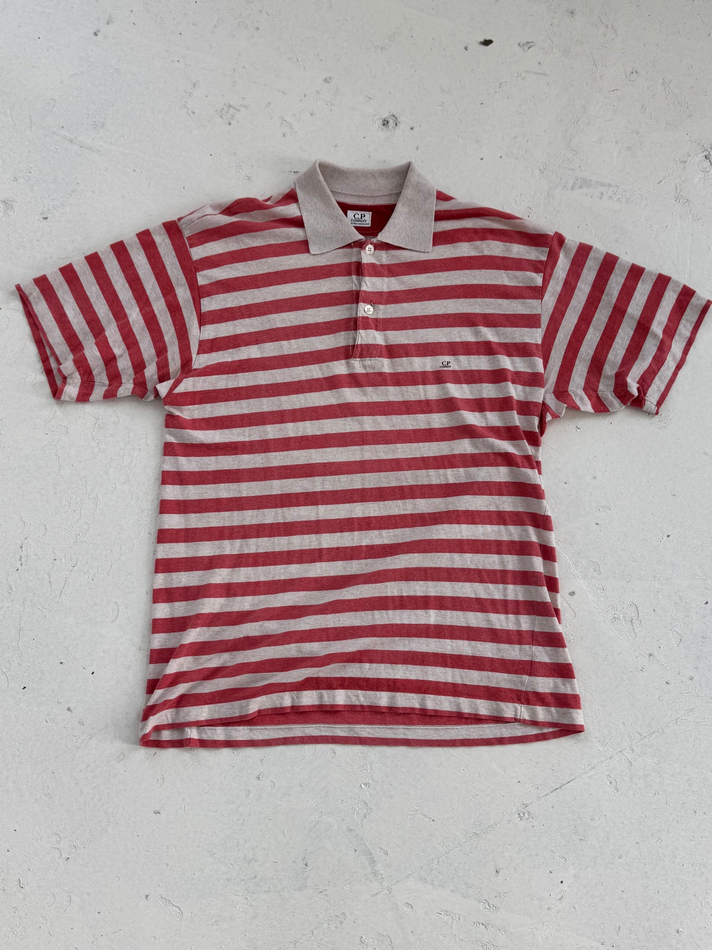 '80s CP Company 'Ideas From Massimo Osti' Striped Mini Spellout Logo Polo (L)