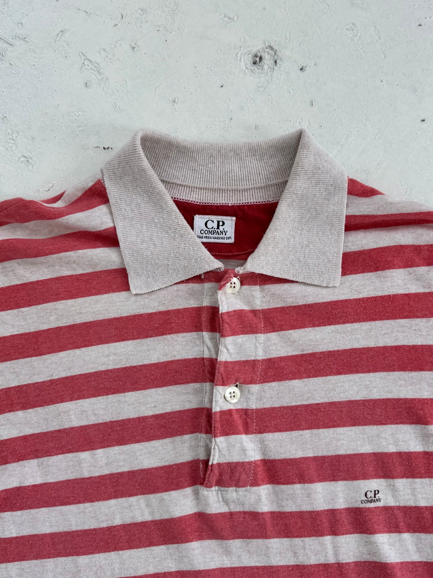 '80s CP Company 'Ideas From Massimo Osti' Striped Mini Spellout Logo Polo (L)
