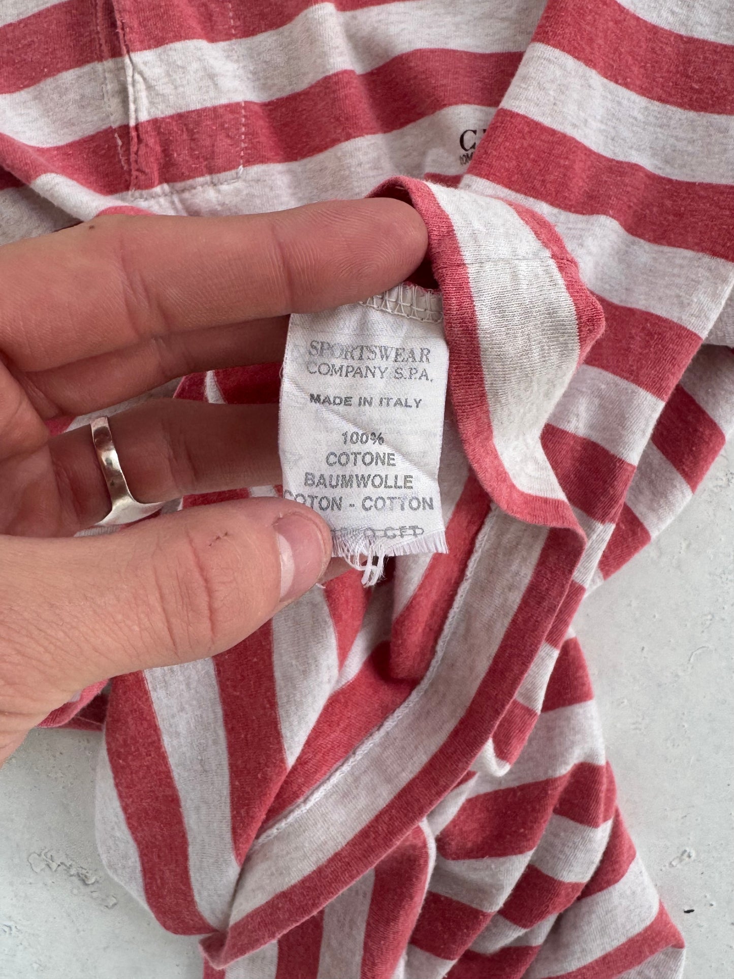 '80s CP Company 'Ideas From Massimo Osti' Striped Mini Spellout Logo Polo (L)