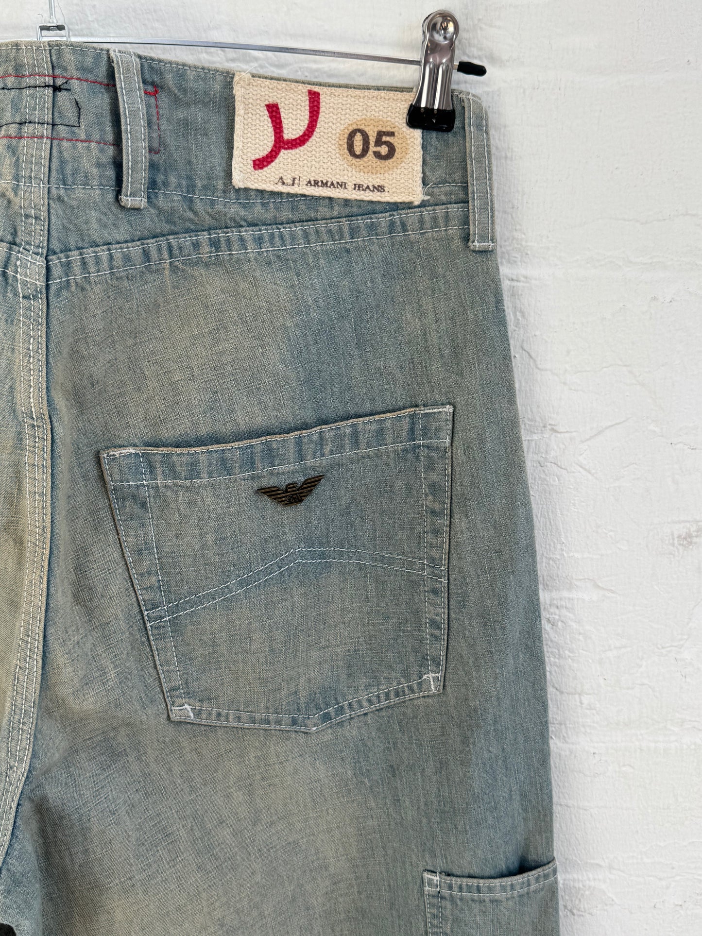 '00s Armani Jeans Stone Washed Wide Carpenter Denim Jeans (32)