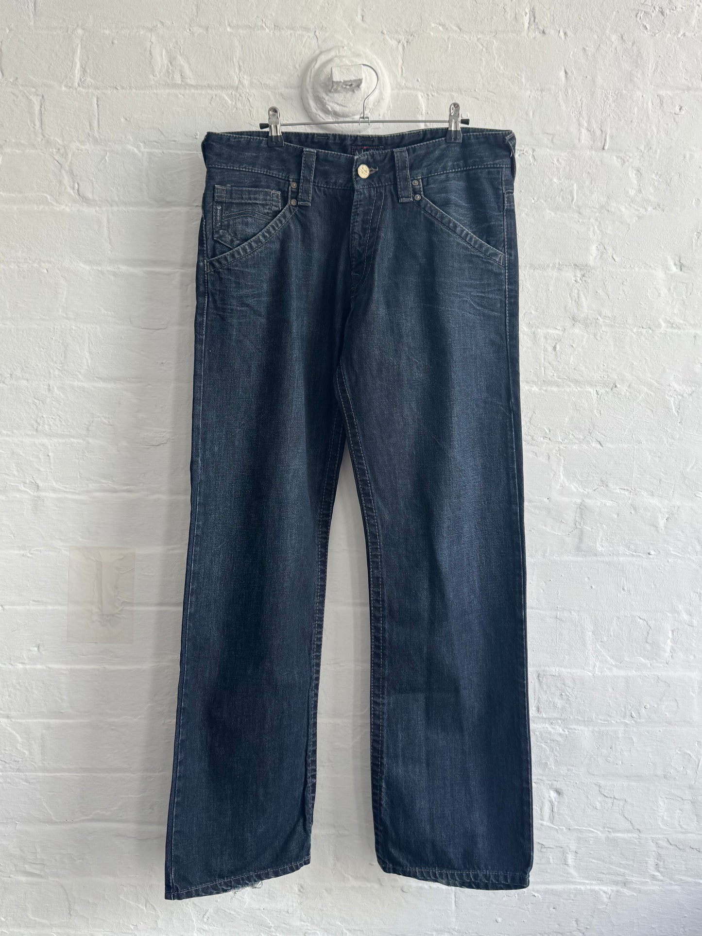 '00s Armani Jeans Metal Plaque Raw Denim Baggy Jeans (34)