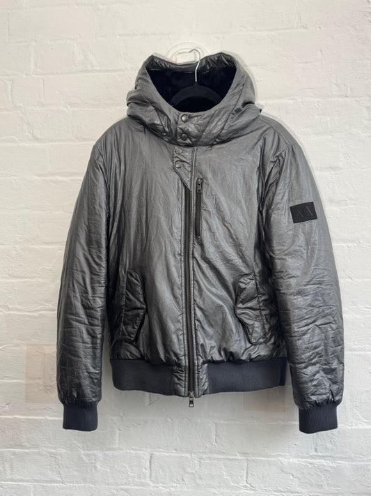 00s Armani Exchange Liquid Metallic Silver Puffer Jacket (M)