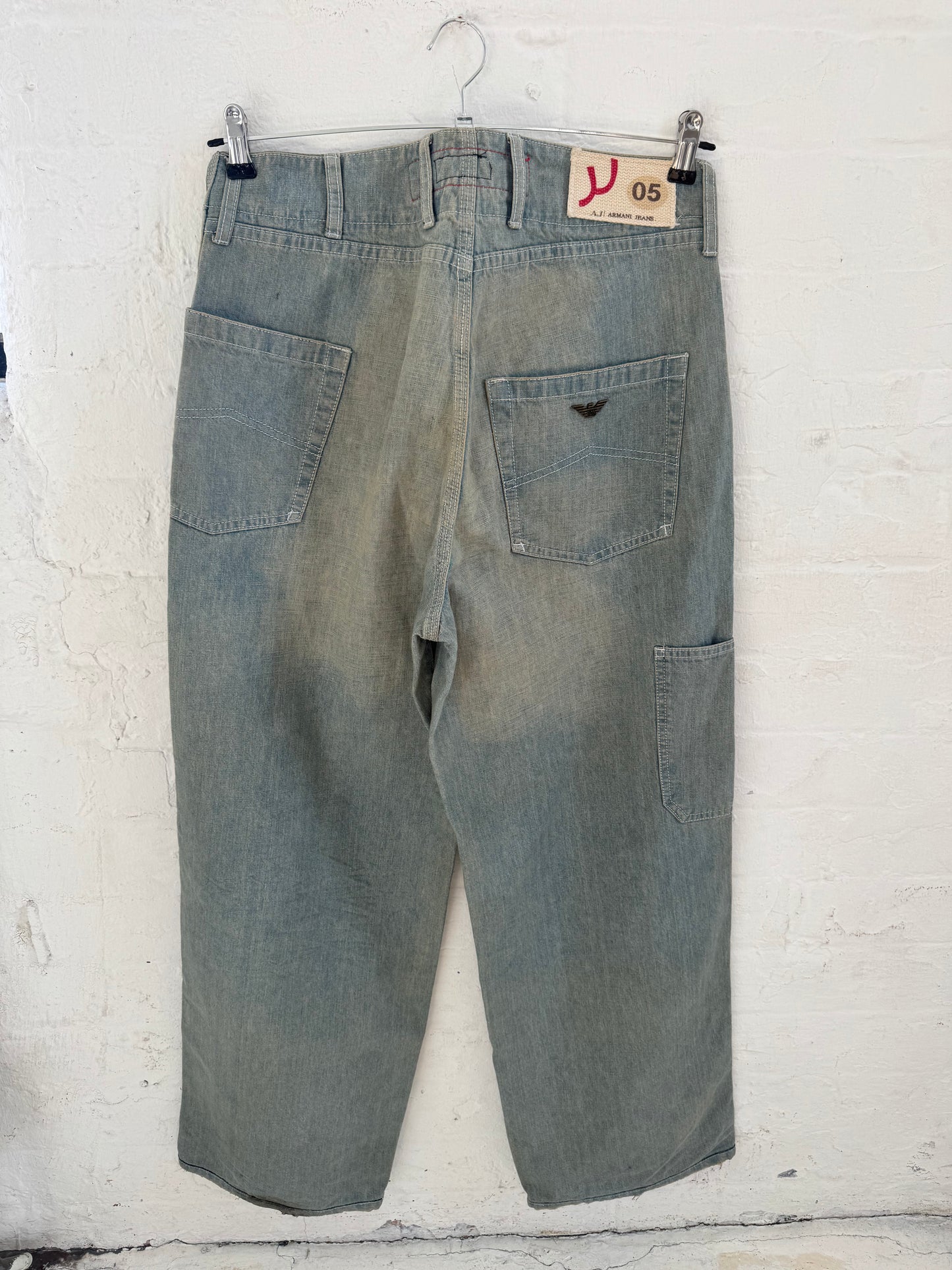 '00s Armani Jeans Stone Washed Wide Carpenter Denim Jeans (32)